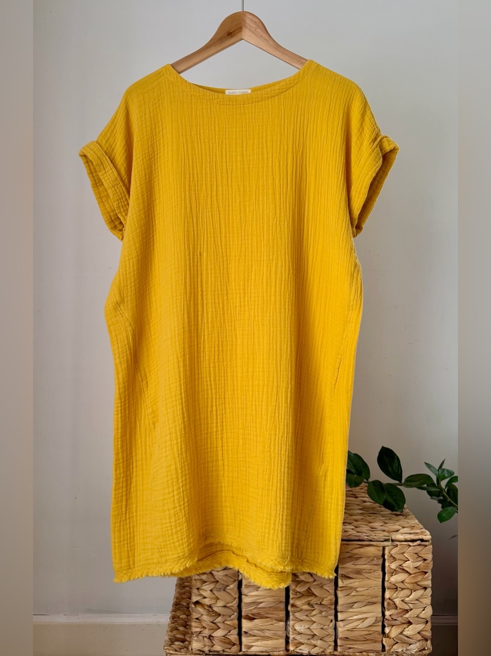 Women's EILEEN FISHER Mustard Yellow Cotton Gauze Shift Dress Size Small S